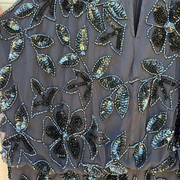 NWT Adrianna Papell Navy Twilight Floral Beaded Halter Floor Length Dress Sz 10 - Picture 4 of 13